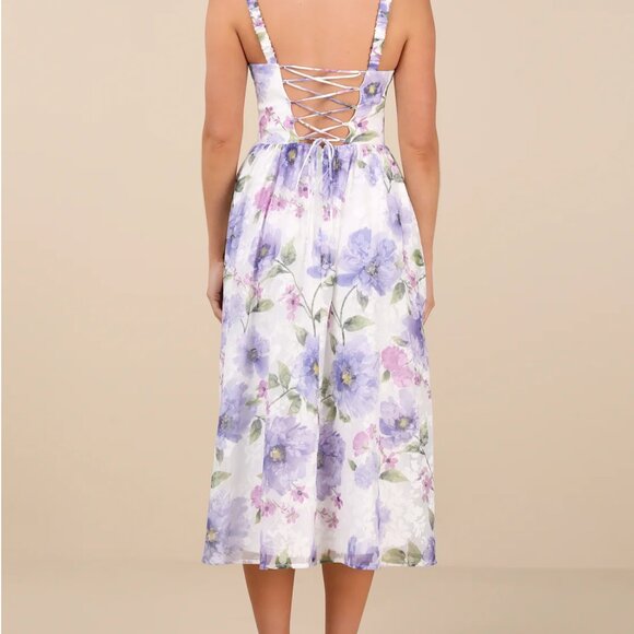 Lulus Hillela Ivory Floral Ruffled Lace-up Midi Skater Dress White - Size XL - Picture 3 of 3